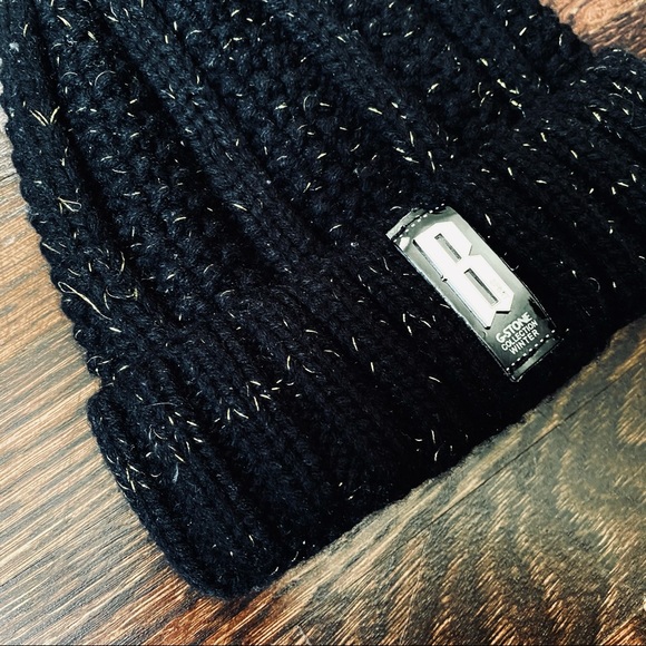 Black Knit Cuffed Pom-Pom Beanie w/ Gold Flecks - Picture 2 of 2